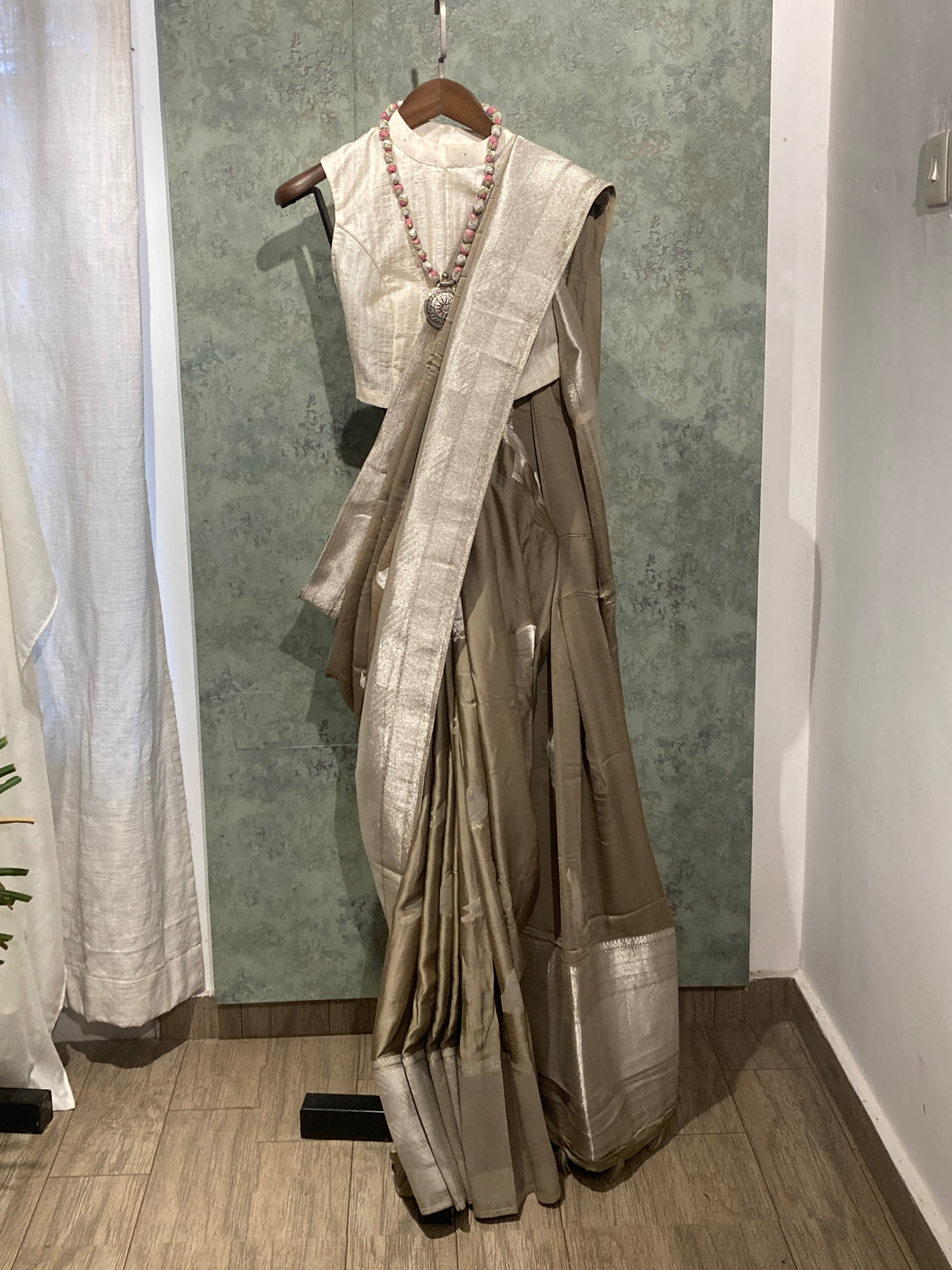 Champagne Banarasi Satin Saree with Silver Zari Border