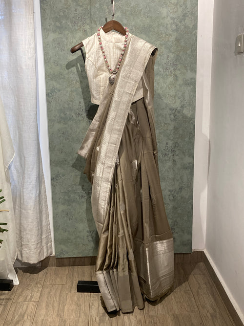 Champagne Banarasi Satin Saree with Silver Zari Border