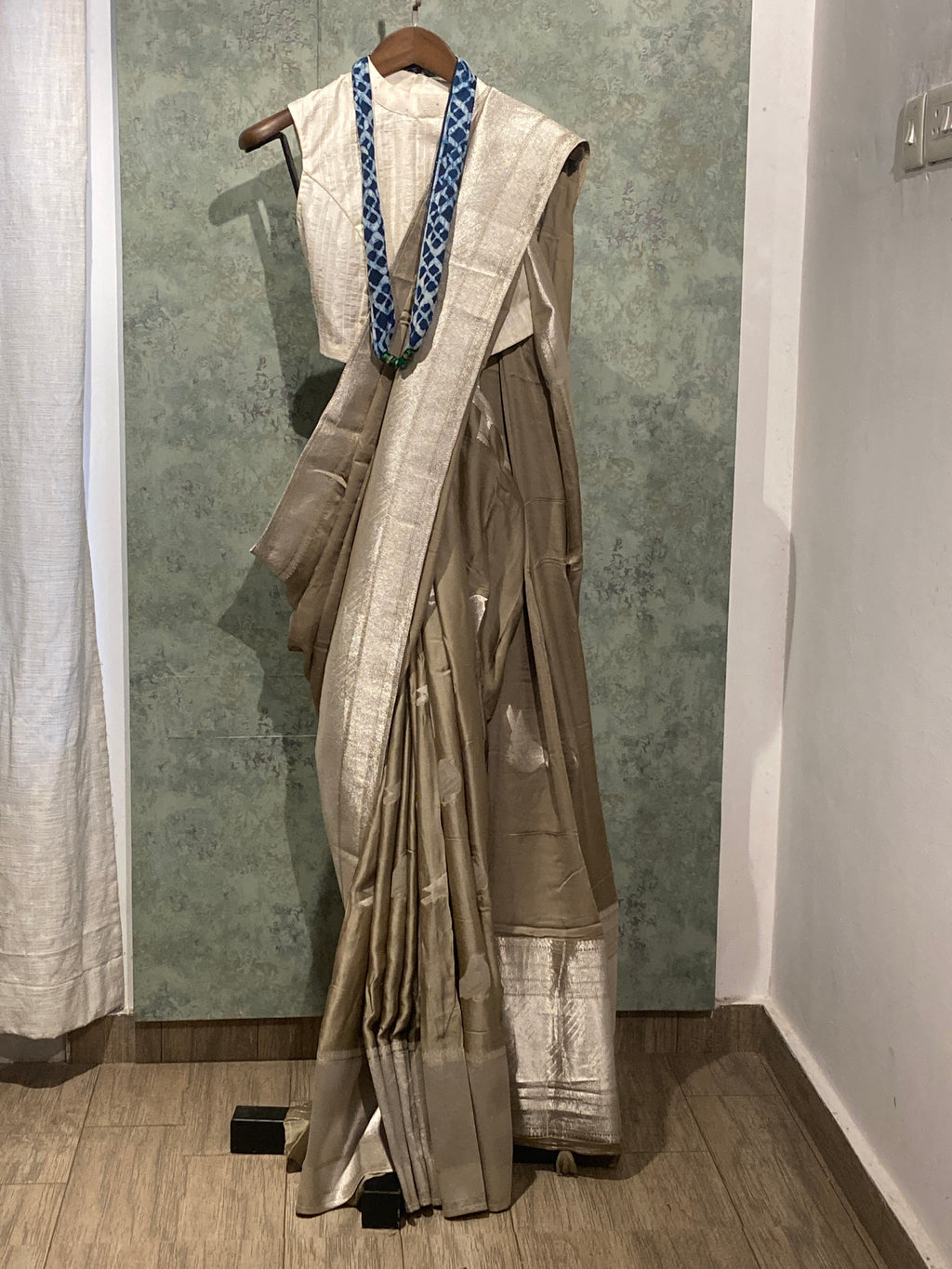 Champagne Banarasi Satin Saree with Silver Zari Border