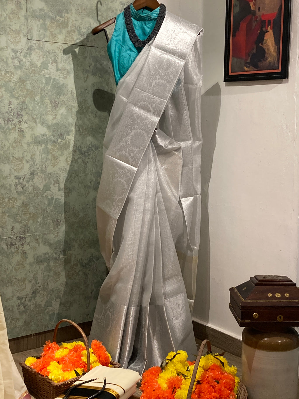 Moonlight Kota Cheque Saree with Light Gold Pallu & Blouse