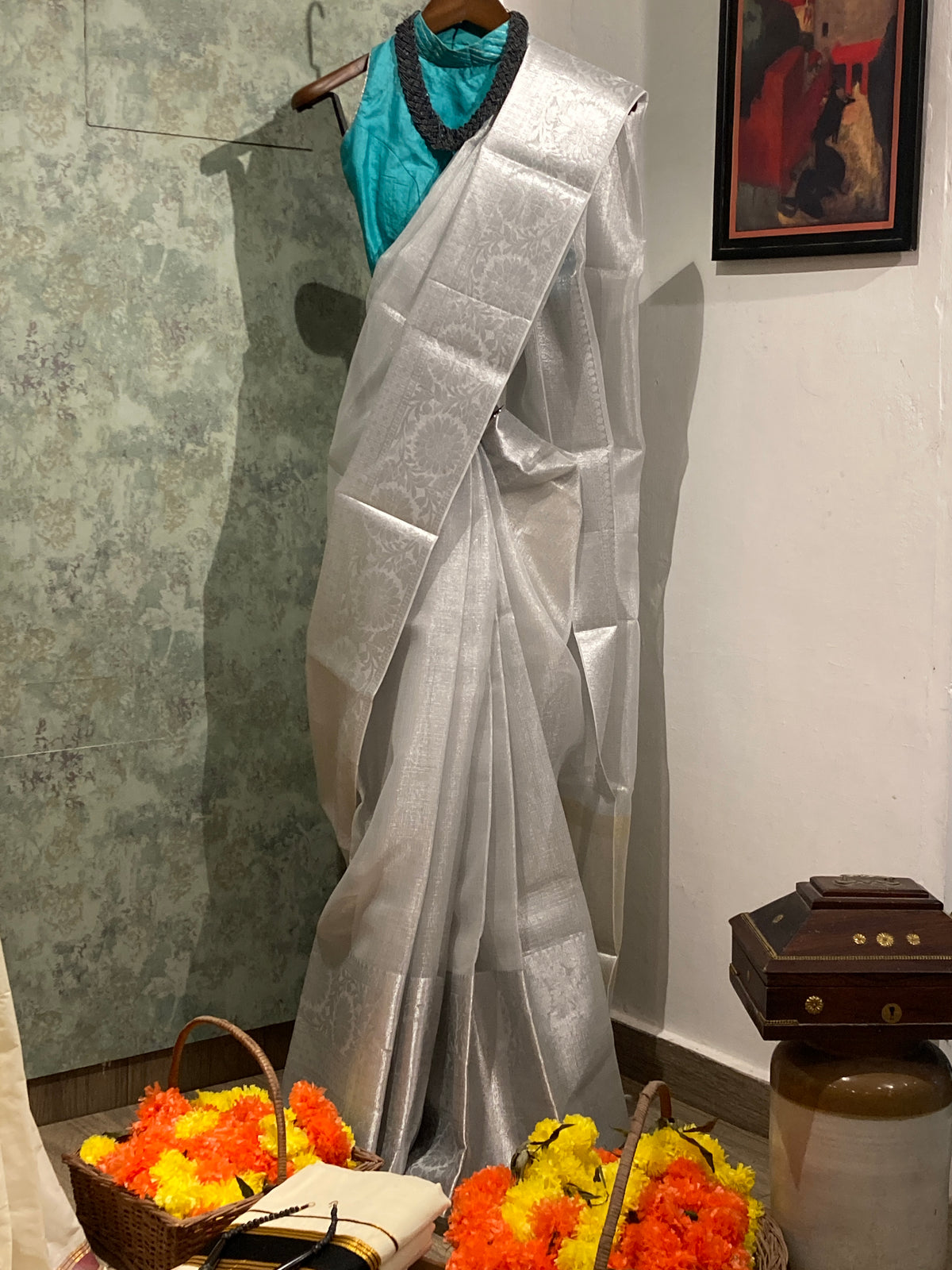 Moonlight Kota Cheque Saree with Light Gold Pallu & Blouse