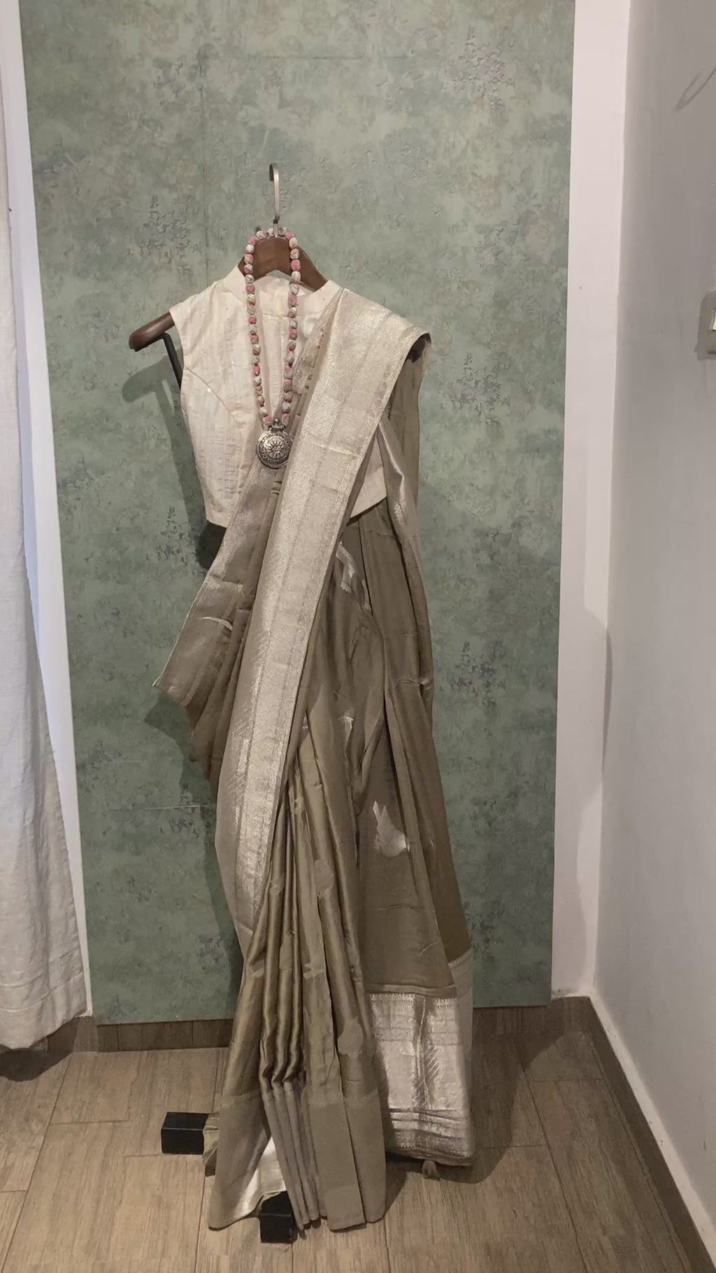 Champagne Banarasi Satin Saree with Silver Zari Border