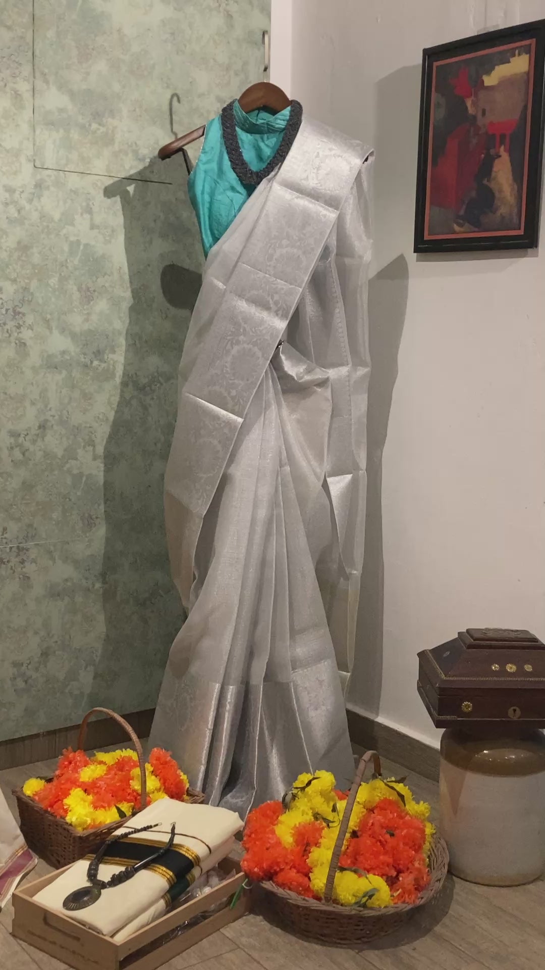 Moonlight Kota Cheque Saree with Light Gold Pallu & Blouse